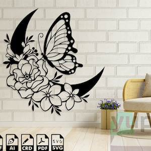 Könnte beinhalten: Schwarz-weiße Silhouette eines Halbmondes mit einem Schmetterling und einem floralen Design. Das Design ist perfekt für einen Wandaufkleber oder einen Vinyl-Aufkleber.
