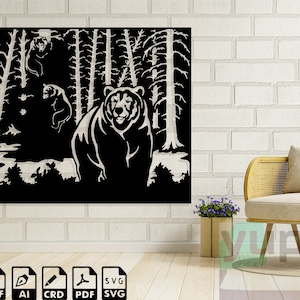 Bear Scene Svg For Cricut, Bear Paw Cnc Laser Cut Files, Forest Dxf Files, Wilderness Clipart, Black Bear Silhouette, Jungle Svg