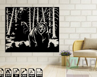 Bear Scene Svg For Cricut, Bear Paw Cnc Laser Cut Files, Forest Dxf Files, Wilderness Clipart, Black Bear Silhouette, Jungle Svg