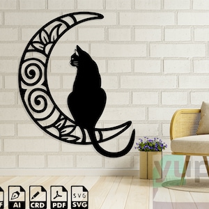 Cricut 用 月と猫の SVG、猫のシルエット、黒猫の CNC レーザーカット ファイル、曼荼羅猫の飾り、母猫の顔のクリップアート、子猫の SVG