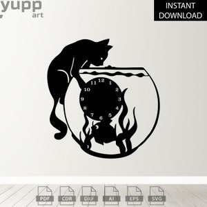 May include: Black silhouette of a cat looking into a fishbowl with a clock face inside. The fishbowl has a fish and plants inside. The clock face has numbers 1 through 12. The image is a digital download for a clock design.