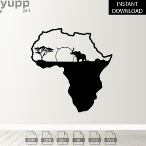 Mapa de África Svg, silueta de elefante, láser Cnc tropical, archivos de impresión y corte de naturaleza salvaje, arte de pared de metal y madera, archivos Safari Dxf