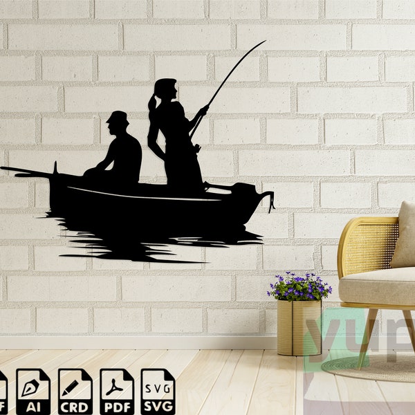 Fishing Couple Svg and Dxf, Fishing Boat Cut and Print Files, Sea Cnc Router, Fisherman Wall Art Decor