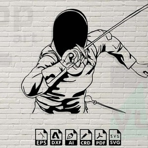 May include: Black and white silhouette of a fencer wearing a mask and holding a foil, posed in a fencing stance.
