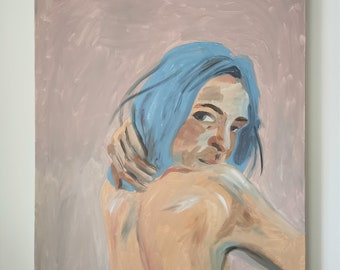 Naked Woman with blue hair / Original handpainted acrylic painting on canvas