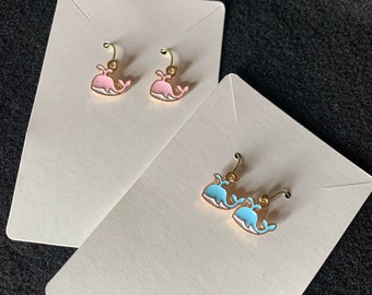 14k gold plated hypoallergenic pink and blue whale dangle earrings, free domestic shipping