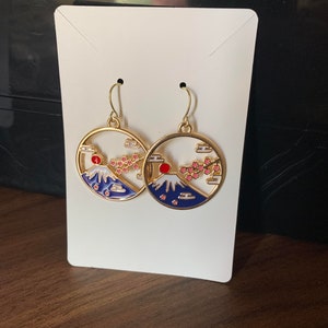 14k gold plated hypoallergenic mountain and cherry blossom dangle earrings, free domestic shipping