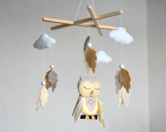 Owl Baby Mobile, Nursery Mobile, Felt Owl Crib Mobile, Boho Baby Mobile, Owl Cot Mobile, Baby Shower Gift, Neutral Baby Mobile