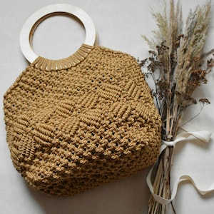 Handmade Macrame Handbag: Boho Polyamide Bag with Wooden Handles