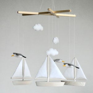 Ocean Baby Mobile, Coastal Baby Mobile, Seagulls Flying Around Sailing boats, Ship Mobile, Sea Mobile, Nursery Decor, Baby Room Decoration