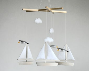 Ocean Baby Mobile, Seagulls Flying Around Sailing boats, Ship Mobile, Sea Mobile, Nursery Decor, Baby Room Decoration, Baby Shower Gift