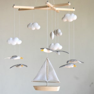 Seagulls Flying Around Sailboat, Coastal Mobile,Seagulls Mobile, Ocean Mobile, Sea Mobile, Nursery Mobile, Boat Mobile, Baby Room Decoration