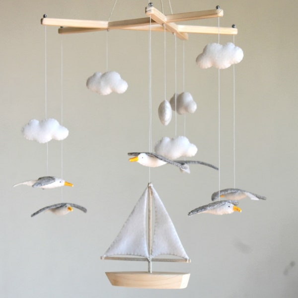 Seagulls Flying Around Sailboat, Seagulls Mobile, Ocean Mobile, Sea Mobile, Nursery Mobile, Boat Mobile, Baby Room Decoration, Crib Decor