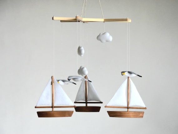 Handmade Ocean Baby Mobile: Seagulls & Sailing Boats Nursery Decor, Baby Shower Gift