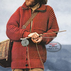 May include: A red, ribbed-knit jacket with a zipper closure and a brown leather strap. The jacket is worn with a fishing rod and reel. A wicker basket is visible on the left. The text "Retirement SALE" is in the lower right corner.