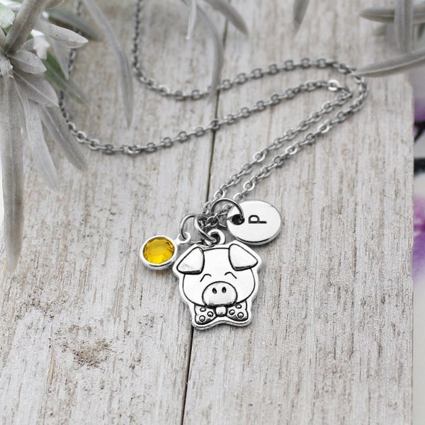 Silver Pig Necklace, Pig Jewelry, Personalized Pig Charm Necklace, Pork Jewelry, Farmer Gift, Pig Lover Gifts, Pig Birthstone Charms