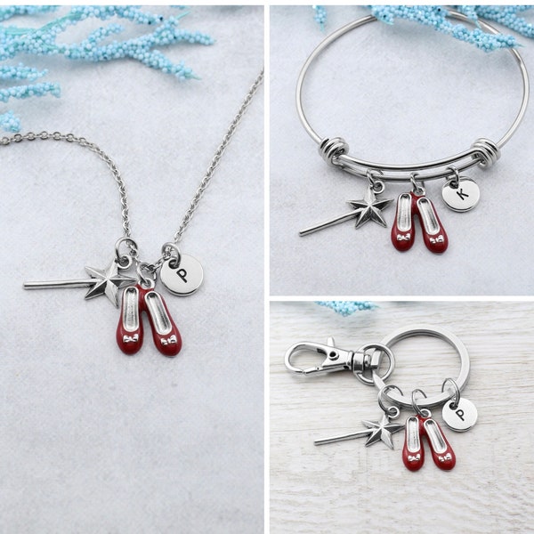 Wizard of Oz Keychain, Magical Star Wand Charm Necklace, Personalized Ruby Red Slippers Gift Keyring, Musical Inspired Bangle Bracelet