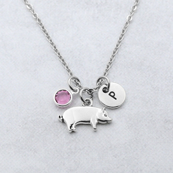 Silver Pig Necklace, Pig Jewelry, Personalized Pig Charm Necklace, Pork Jewelry, Farmer Gift, Pig Lover Gifts, Pig Birthstone Charms