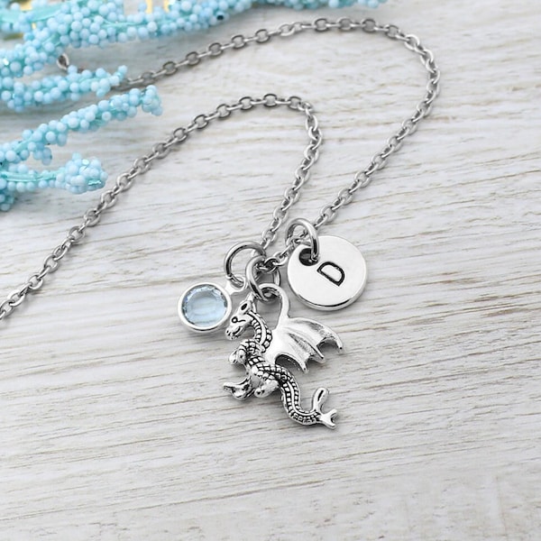 Dragon Necklace, Personalized Dragon Charm Necklace, Dragon Themed Jewelry, Wild Animal Gift, Dragon Birthstone Charms