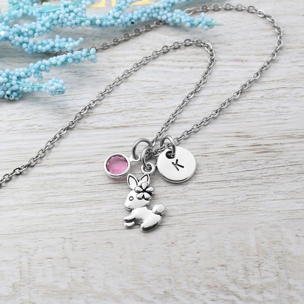 Bunny Necklace, Personalized Rabbit Charm Necklace, Bunny Themed Jewelry, Bunny Animal Gift, Rabbit Birthstone Charms