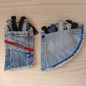 Denim fabric belt loops scraps pocket Blue jeans belt loops Upcycled Denim craft Recycled cotton fabric scraps Assorted Reclaimed denim