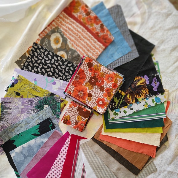 Fabric squares scraps bundle Cotton and silk slow stitch precut fabric scraps lot Charm pack quilters gift Tiny floral Flower power fabric