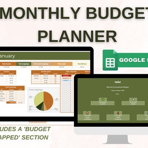 Op de afbeelding: Een screenshot van een Google Sheets-spreadsheettemplate voor een maandelijkse budgetplanner. De sjabloon bevat secties voor inkomsten, uitgaven, besparingen en een "budget wrapped"-sectie. De spreadsheet is getiteld "Maandelijkse budgetplanner" en bevat de maand januari.