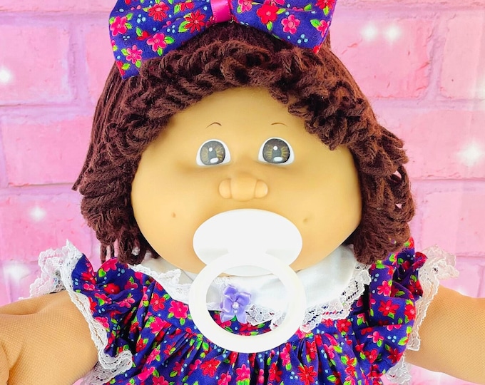 Vintage 1984 Cabbage Patch Doll: KT Factory, Brown Hair, Pacifier Girl, Custom dress
