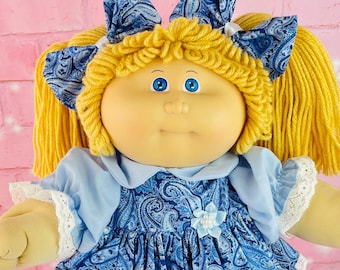 1983 First Edition Cabbage Patch Kid Doll: Dark Blonde Hair, Blue Paisley Dress,