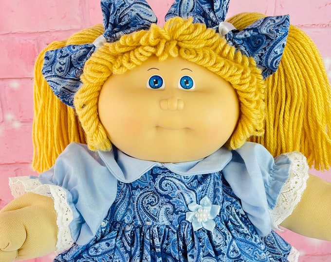 1983 First Edition Cabbage Patch Kid Doll: Dark Blonde Hair, Blue Paisley Dress,