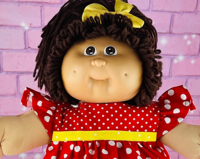 Vintage 1985 Cabbage Patch Kid Doll: Brown Hair, Red Polka Dot Dress