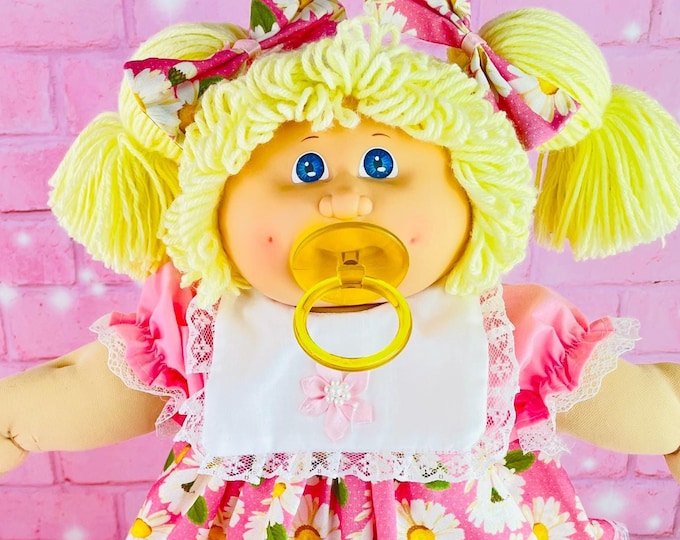 Vintage 1984 Cabbage Patch Kid Doll: Blonde Pacifier Girl, Pink Daisy Dress, collectible