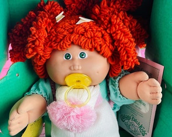 RARE Vintage cabbage patch kid Tara Mindy birth certificate popcorn, Irish redhead girl pacifier in box 1986 collector doll HTF