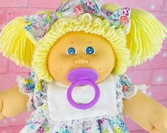 Vintage 1983 Cabbage Patch Doll: Blonde Pacifier Girl, Blue Eyes, Floral Dress KT
