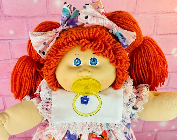Vintage 1984 Cabbage Patch Kid Doll: Red Hair, Butterfly Dress, OK Factory, Pacifier Girl