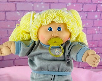 Vintage 1985 Cabbage Patch Kid Doll: Blonde Ponytails, Pacifier, In Box