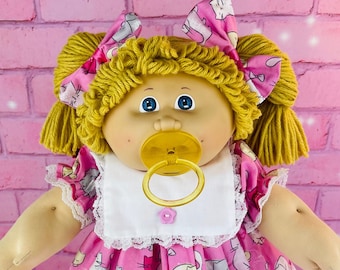 Vintage cabbage kids collector doll 1985 pacifier girl butterscotch blonde hair cabbage patch Doll toy doll, gift for girls, htf, pink dress