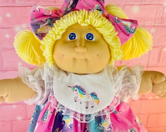 Vintage 1983 Cabbage Patch Kid Doll: Blonde Pigtails, Unicorn Dress