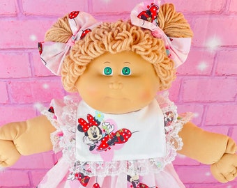 Vintage 1984 Cabbage Patch Kid Doll: Green Eyes, Minnie Mouse Dress, long loop hair