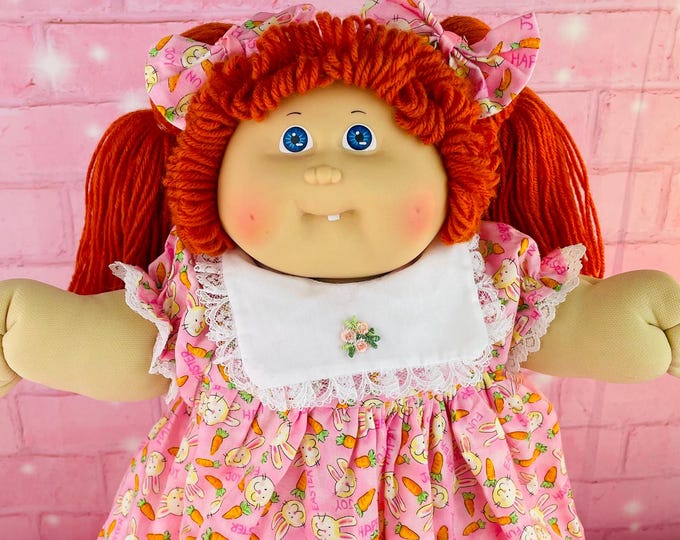 Cabbage Patch Kids, Vintage Doll OK Factory Red Hair Blue Eyes, Tooth Bunny Carrot Dress, Easter Gift Adoption certificate, gift for girls