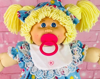 Vintage 1985 Cabbage Patch Doll: Blonde Yellow Hair Pacifier Girl, Hello Kitty Dress