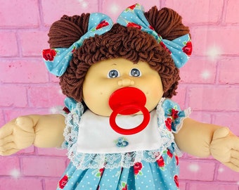Cabbage Patch kids vintage dolls, 1985 brown hair pacifier girl, blue eyes, Cabbage Patch doll retro toys gift for mom KT factory rose dress