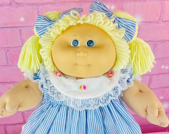 Cabbage Patch kids vintage doll 1985 blonde hair, blue eyes, collector dolls, blue dress, pink shoes, gift for mom toy  Cabbage Patch doll