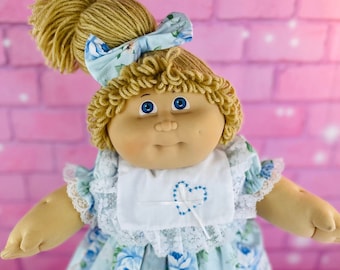 Jesmar cabbage, patch kid, girl, vintage doll HTF, beige hair, single pony, custom dress rare Cabbage Patch doll blue eyes collector dolls