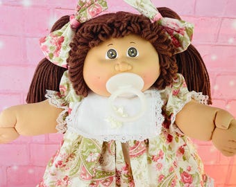 Vintage 1985 Cabbage Patch Kid, OK Factory, Brown Hair, Paisley Dress