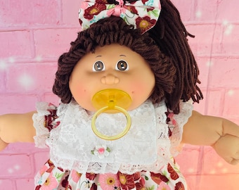 Vintage Cabbage Patch Kid Doll: 1984 Brunette Single Pony, Pacifier, Custom Dress