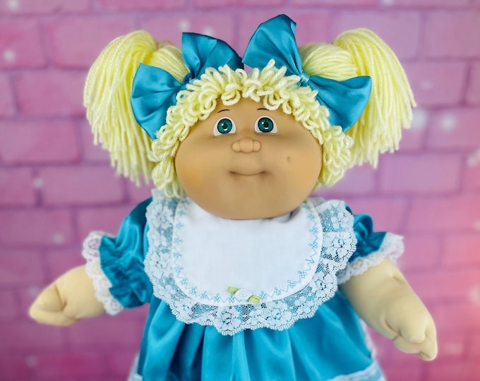 1984 Jesmar Cabbage Patch Kid Doll: Blonde Hair, Aqua Satin Dress