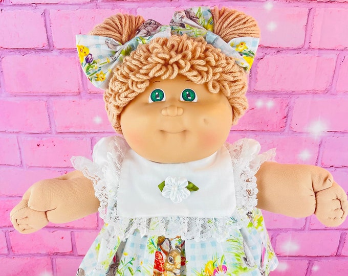 Vintage Cabbage Patch kid, 1985 doll girl, green eyes, beige hair, OK factory bunny dress Cabbage Patch doll gift for girls 1980s toy