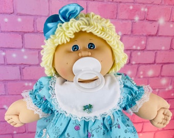 Vintage 1985 Cabbage Patch Doll: Blonde Hair, Blue Owl Dress, Pacifier