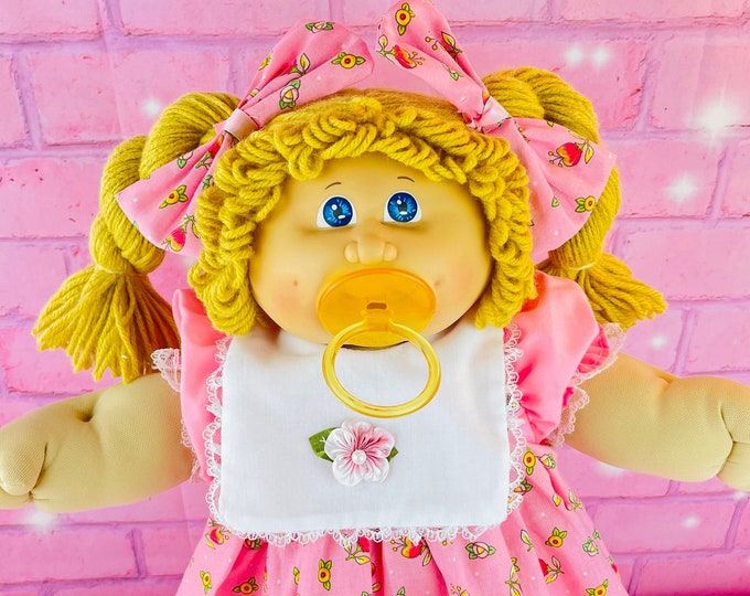 Cabbage Patch doll pacifier girl butterscotch blonde hair, blue eyes, pink dress gift for mom, little girls collector doll vintage toys